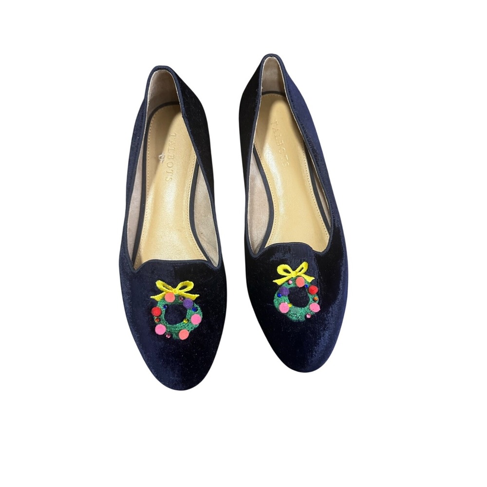 Talbots Women Indigo Blue Ryan Novelty Christmas Wreath Flats 9.5 Velvet Holiday